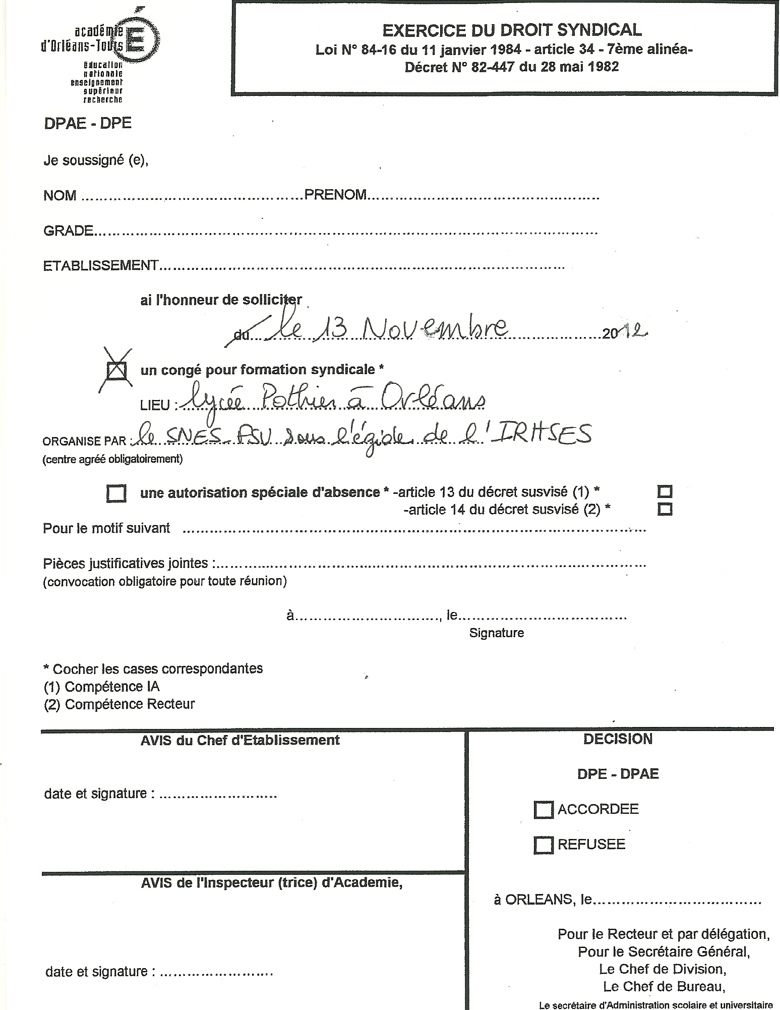 Titre : Formulaire de demande de congé pour formation syndicale ... Titre : Formulaire de demande de congé pour formation syndicale ...